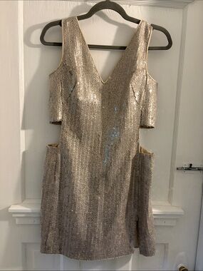 Akris Champagne Sequin Cold-Shoulder Mini Dress
